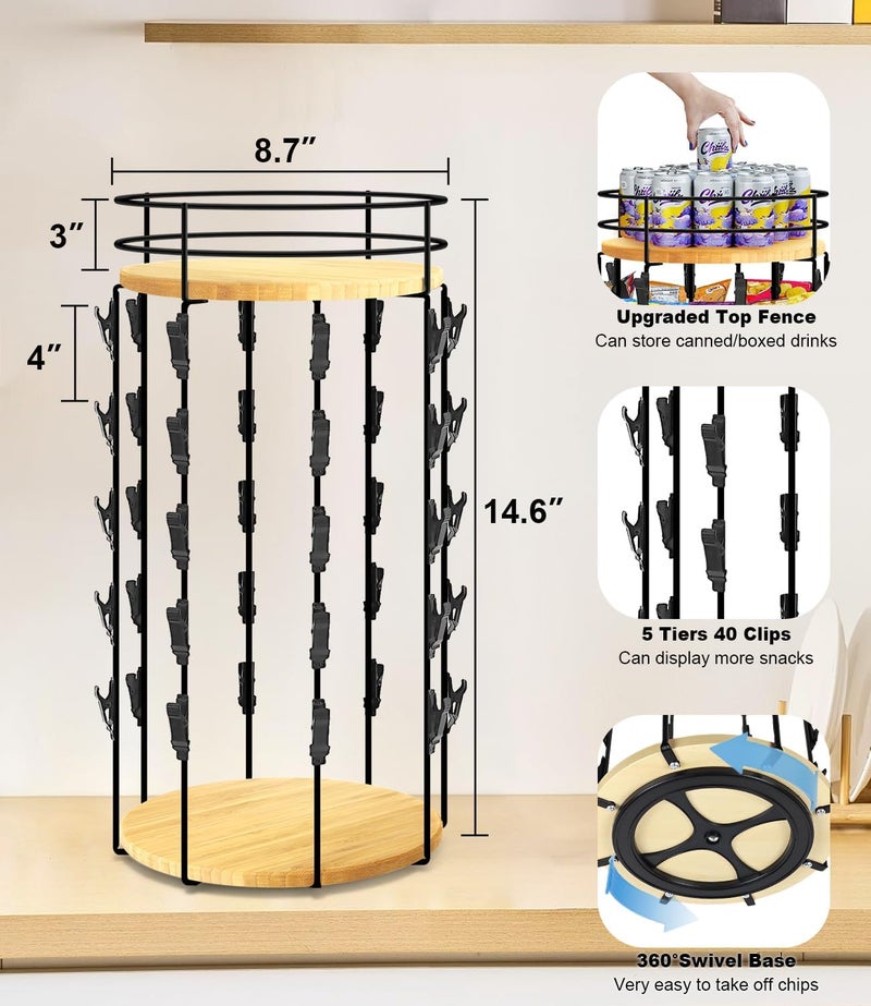 Usluole Chip Rack Display Stand, 5 Tiers 40 Clips Snack Organizer with Fence, 360°Rotating Wooden Base Chip Bag Holder Candy Display for Concession Stand Countertop, Party, Retail, Home Office, Light Wood - Image 5